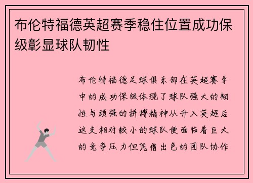 布伦特福德英超赛季稳住位置成功保级彰显球队韧性