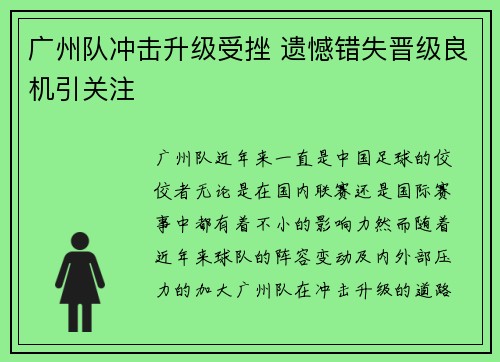 广州队冲击升级受挫 遗憾错失晋级良机引关注